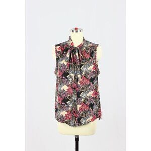 TRINA TURK Graphic Printed Silk Button Up Tie Neck Sleeveless Blouse, Size L